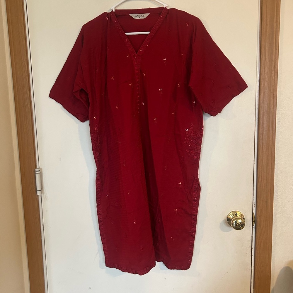 Maria .B. Medium Red Midi Dress with Subtle Embroidery